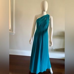 David’s Bridal One-Shoulder Crepe Bridesmaid Gown in Teal